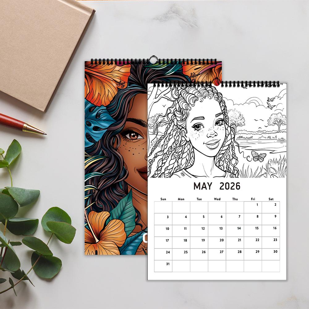 1pc 2026 Hanging Calendar, Black Women Coloring Calendar,12 Beautiful Designs, Monthly Plans,Perfect Gift for Birthday,Christmas