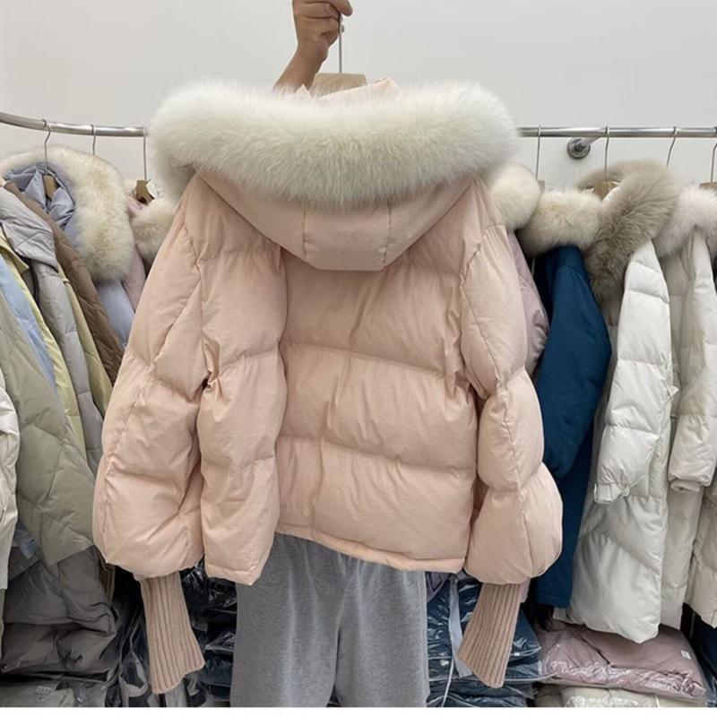 2024 Winter Women's Loose Fit Fur Collar Down Jacket with Knitted Sleeves - Petite Size