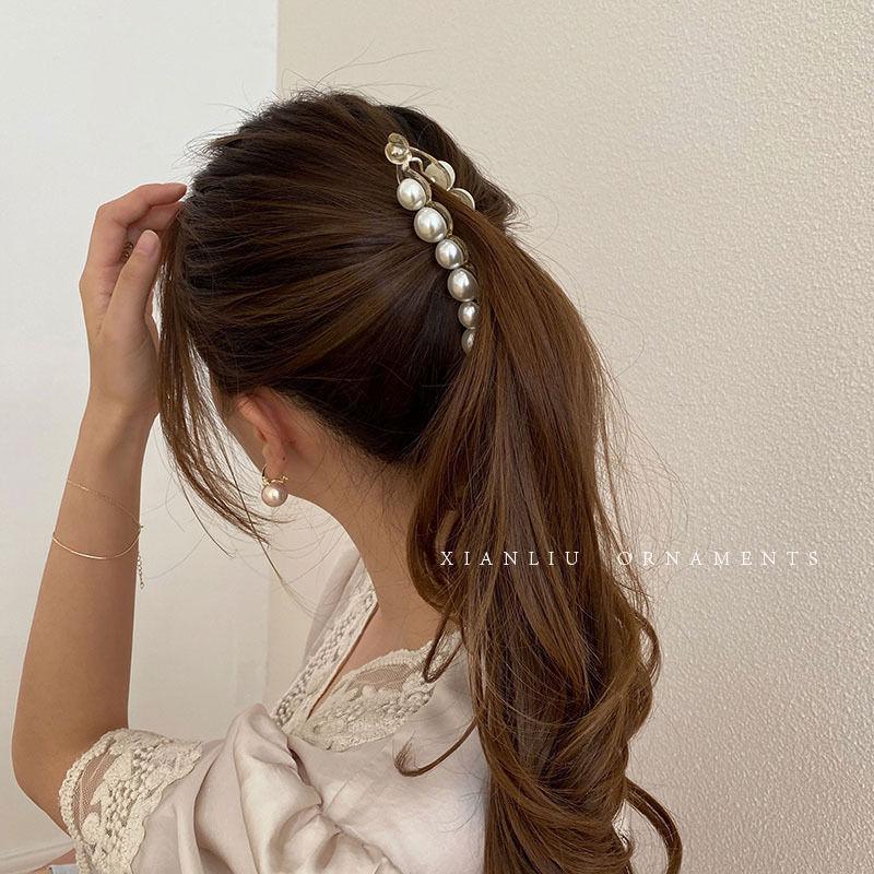 Pearl Banana Clip, Flat-Clip Elegant Headpiece, Vertical Ponytail Hair Clip, Simple Style Hair Accessory