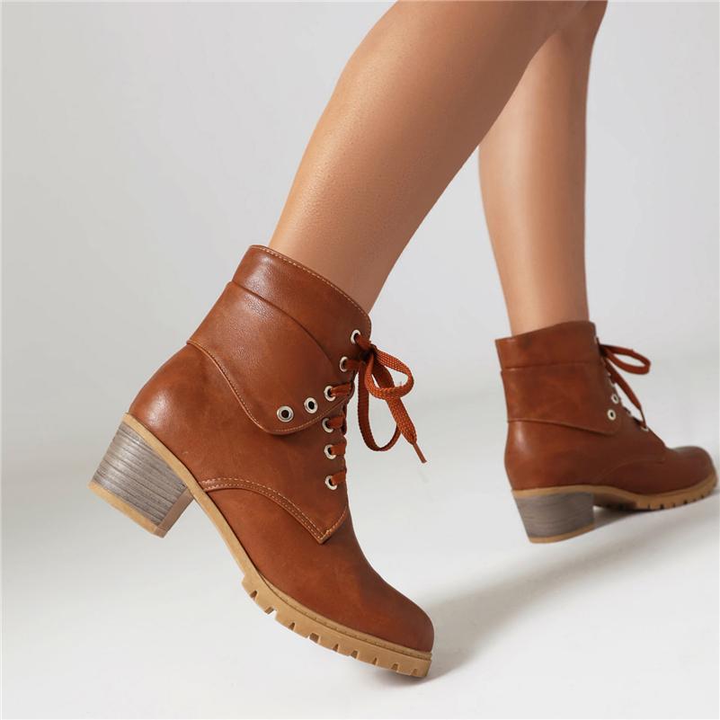 FOREADA Women Ankle Short Boots Round Toe Thick Mid Heels Lace-up Combat Boots Ladies Fashion Shoes Winter Black Blue Camel 43