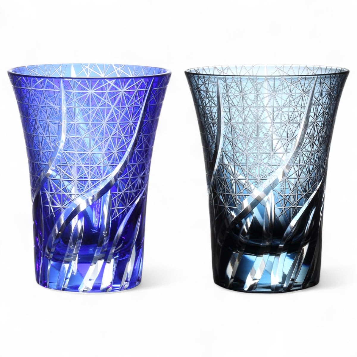 

Mizukage Kiriko Pair Glass Cups 230cc Ranbori Komon Blue Ink Blue Bishou Current Model J-kitchens 8.4×11cm &
