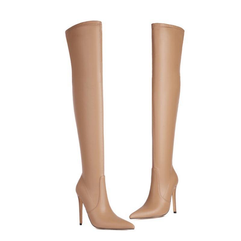 Europeiska och amerikanska knähöga stövlar med tunn klack för damer, stövlar i stora storlekar, enfärgade, sidodragkedja, spetsiga superhöga klackar, nya svarta knähöga stövlar