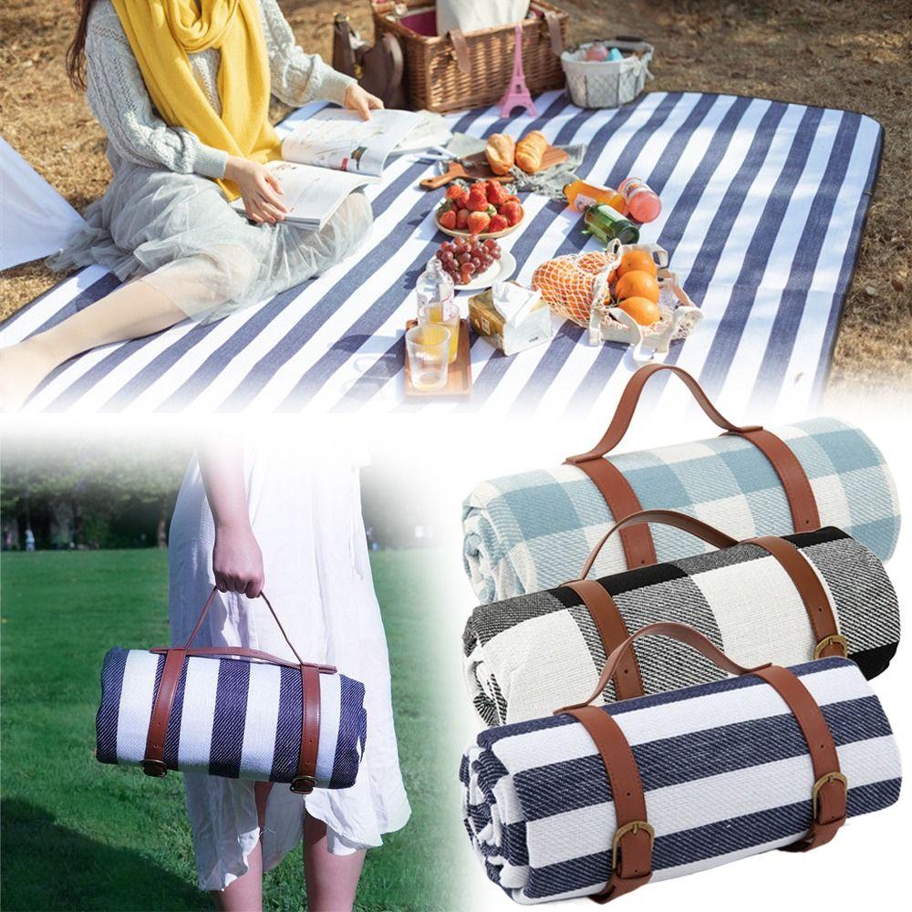 Foldable Travel Picnic Mat Thick Leather Strap Picnic Blanket Portable Moisture Proof Mat