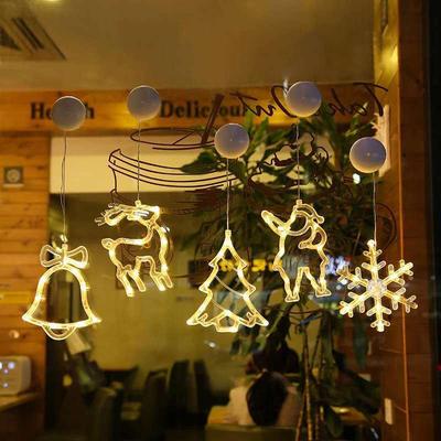 LED Noel Pencere Süsleri: Kardan Adam, Çanlar ve Ren Geyiği Vantuzlu Asılı Işıklar Ev ve Mağaza için