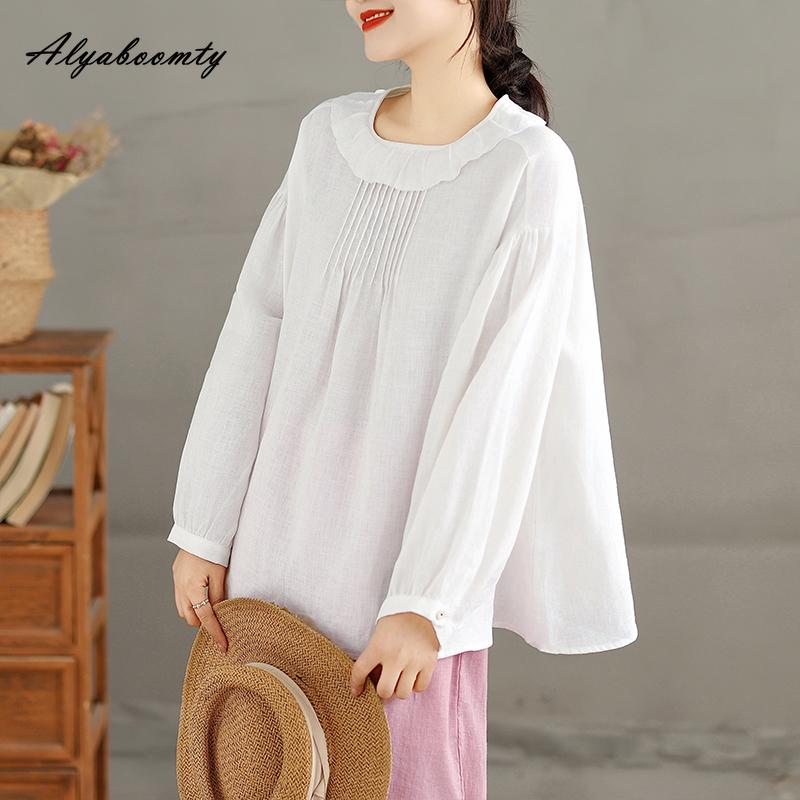 Japanese Mori Girl Spring Autumn Women White Blouse O Neck Ruffles Oversized Baggy Shirt Long Sleeve Cotton Basic Ladies' All-Match Top
