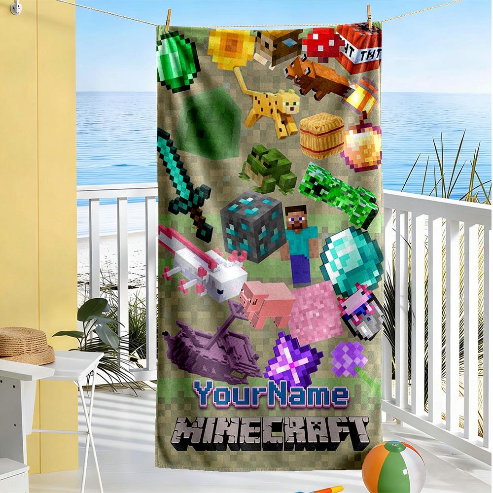Minecraft Personalized Name Beach Towel Quick-Dry Soft Microfiber Suitable for Swimming Gym Camping Yoga Vacation