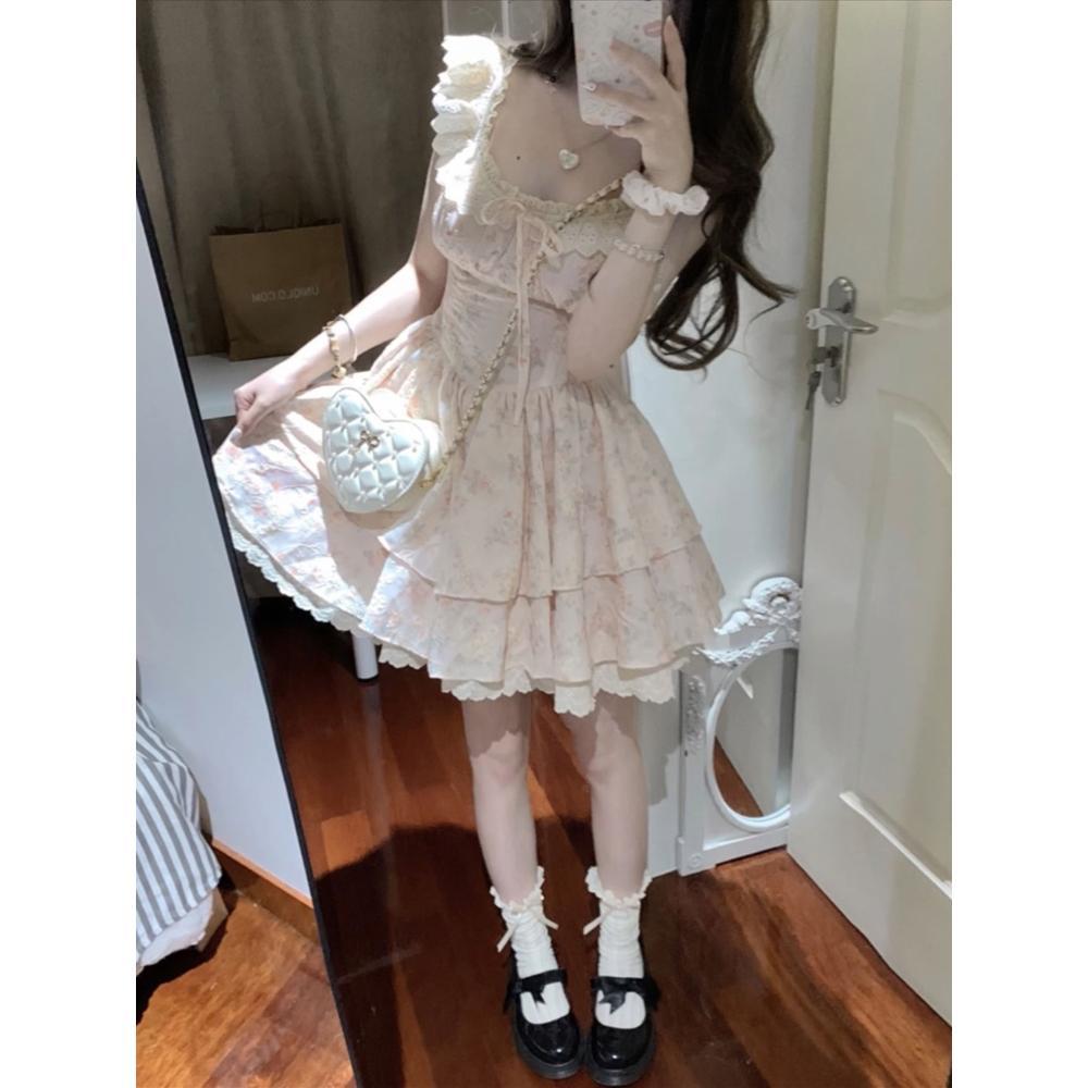 Koreanische Kleidung blaues Blumen-Latzkleid Damen klein Sommer schönes bauschiges kurzes Kleid Prinzessinnen-Kuchenkleid