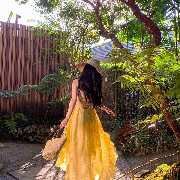 Tropical Yellow Long Dress With Backless Design For Beach Vacation Womens Resort Wear