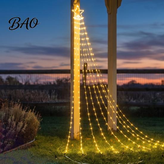 Durable Waterproof LED Strips Solar Christmas Tree Waterfall Light, 11.5FT 346 Powered String Light Hanging Lights with Star Moon Topper for