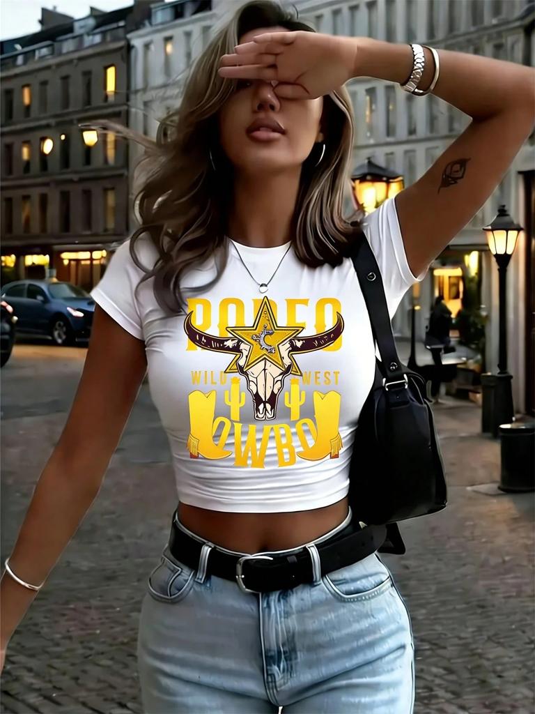 Summer Letter Slim Fit Crew Neck T-Shirt Women's Top Short