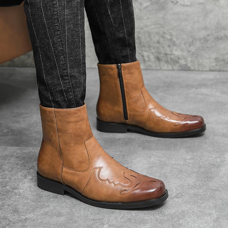 High Quality Casual Leather Boots Men Western Cowboy Leather Shoes Male Fashion Men's High Top British Outdoor Boots Shoes Male