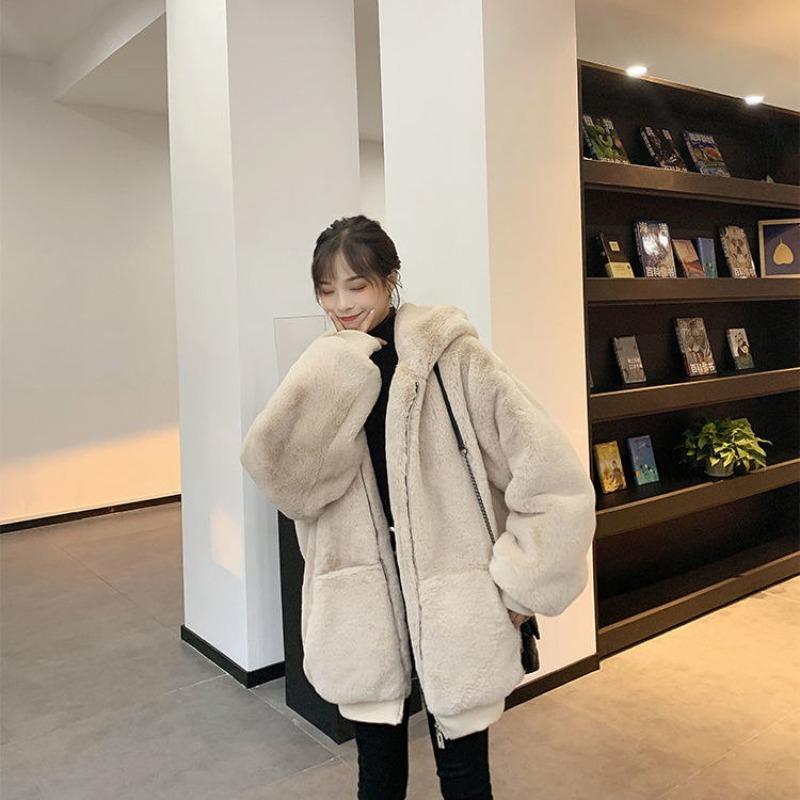 Loose Plush Jacket Women's Winter Rabbit Velvet Medium and Long 2 New Thickened Hooded Coat