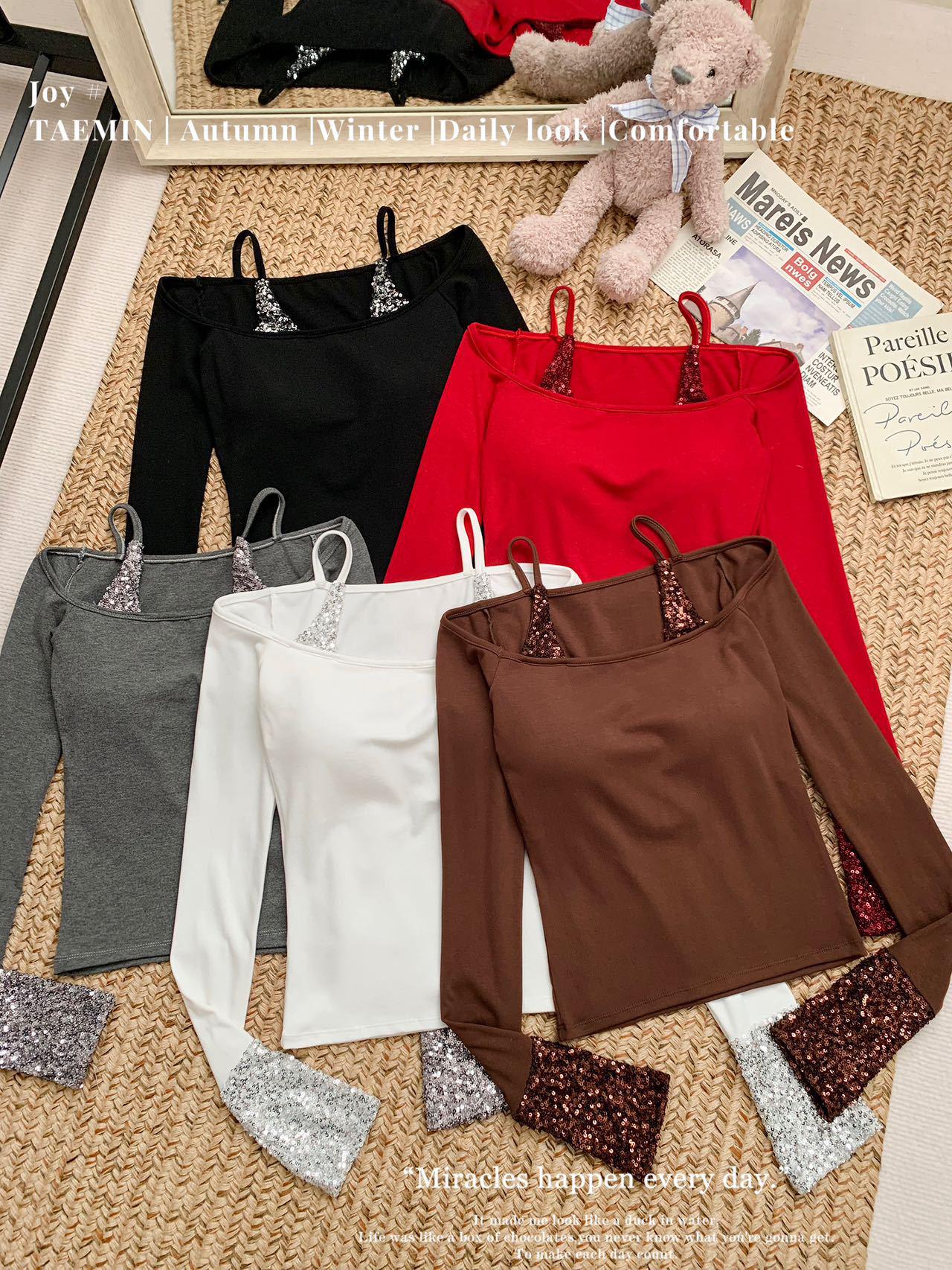 Women s French Spicy Girl Sequin Patchwork Off-Shoulder Slim Fit T-shirt: Autumn/Winter Long Sleeve Camisole Top One Size чёрный