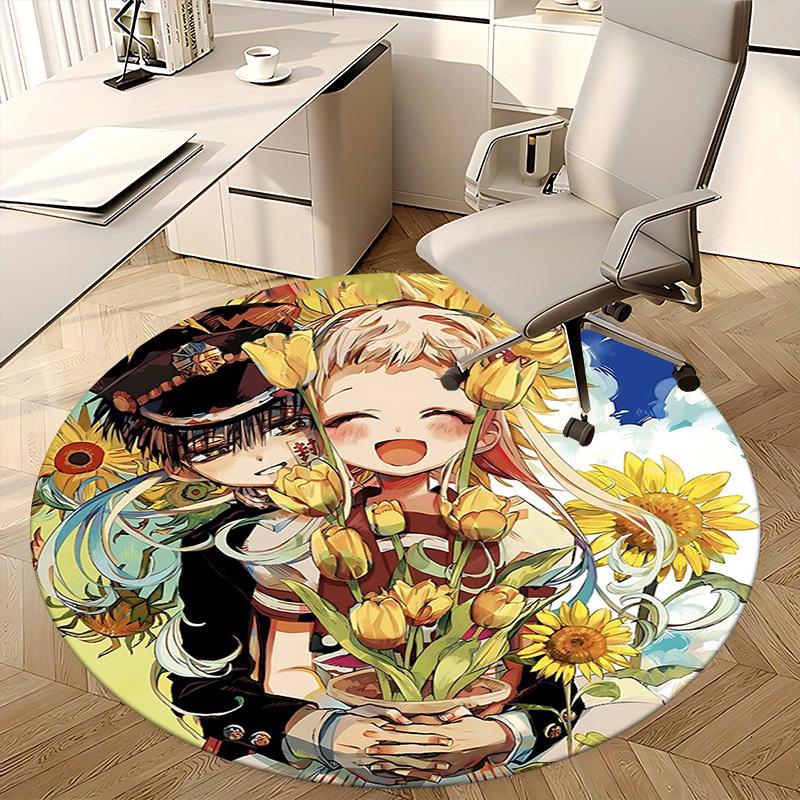 1pc Anime Cartoon Design Sunflower & Tulip Round Carpet - Office Chair Mat, Non-Slip Rug for Home Decor, Living Room, Bedroom, Game Room, Dormitory, G