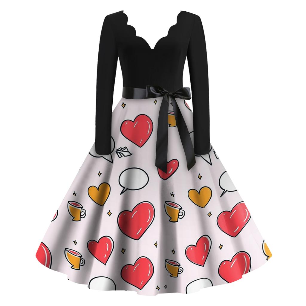 Damen Casual Mode Valentinstag Bedrucktes V-Ausschnitt Retro Langarmkleid