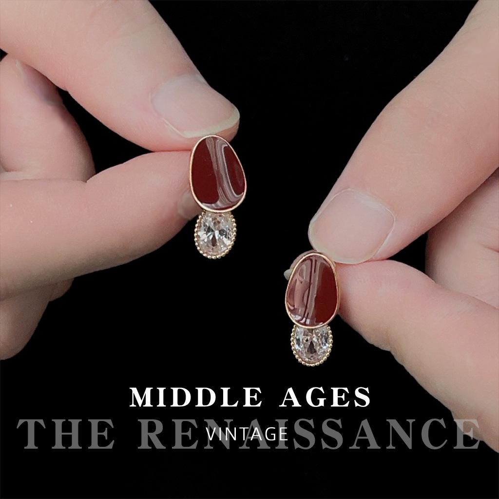 Винтажные эмалированные серьги-гвоздики с каплями масла и бордовым цирконом, гонконгский стиль, ностальгические серьги, серьги для темперамента