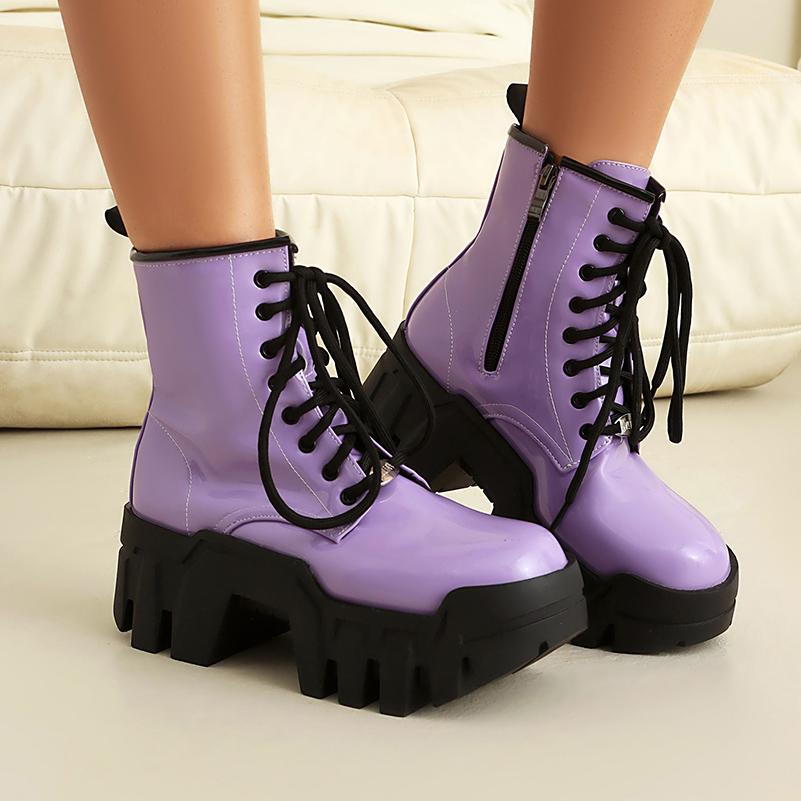 Plus Size Sponge Cake Heel Thick Sole Rubber Glossy Patent Leather Short Boots Lace Up Zipper Height Increasing Women's Boots