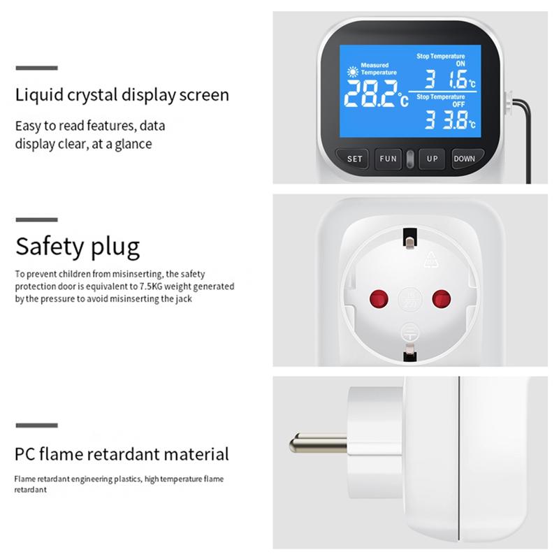 AD23-Digital Temperature Controller Socket Outlet Thermostat With Sensor Probe Heating Cooling Switch Backlight EU Plug