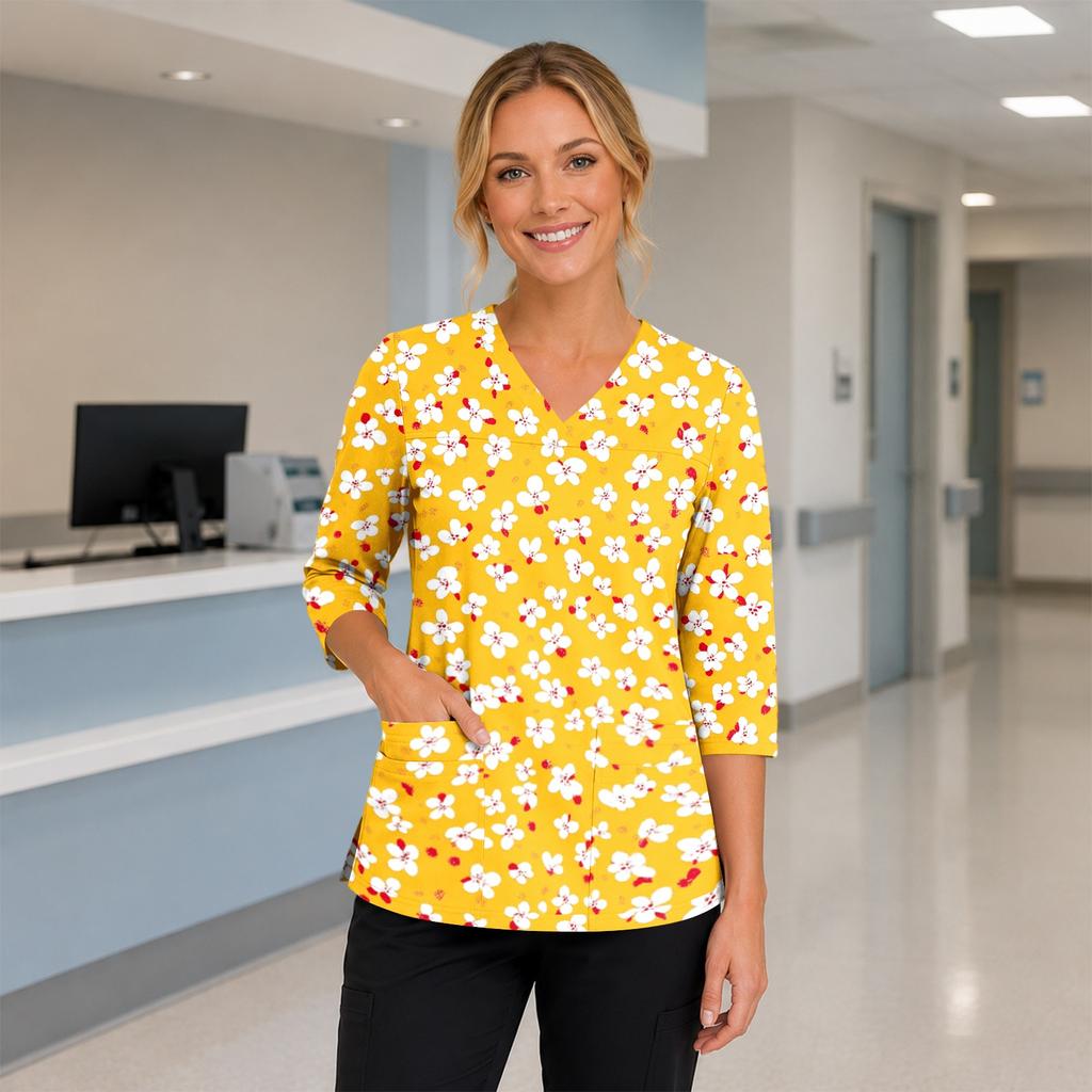 Women's Floral Print Scrub Top with V-Neck, Pockets, Side Slits and 3/4 Sleeves