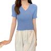 Summer V-neck Short-sleeved Knit Shirt Thin Slim T-shirt Female Design Sense Cross Short Tops Casual Essential Comfort Style Slim Fit Pullovers Tees