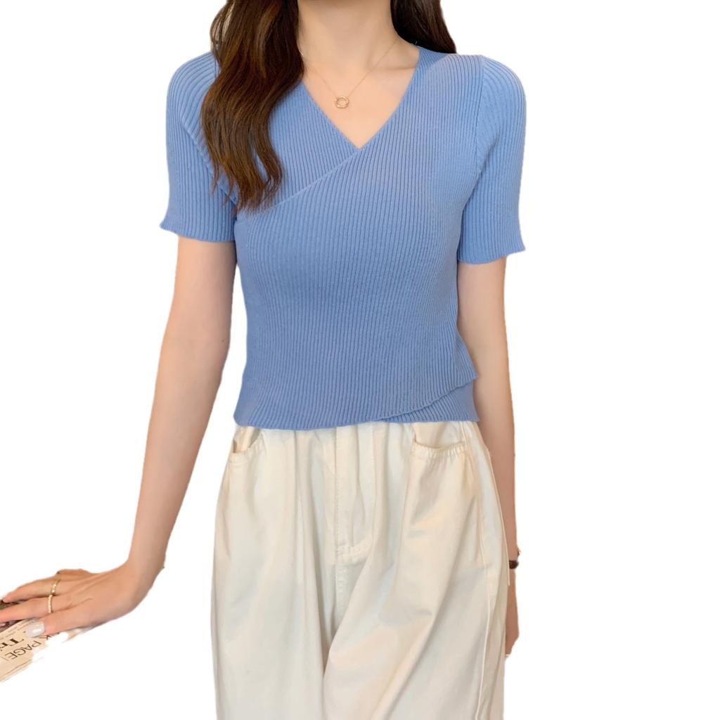 Summer V-neck Short-sleeved Knit Shirt Thin Slim T-shirt Female Design Sense Cross Short Tops Casual Essential Comfort Style Slim Fit Pullovers Tees