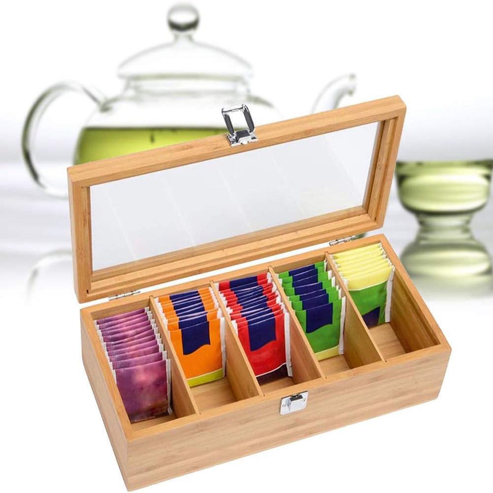 Bamboo Wood Tea and Coffee Storage Box with Transparent Glass Multi-Compartment