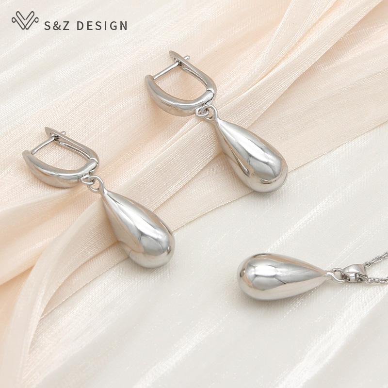 Mode Elegante Rose Gold Farbe Wasser Tropfen Metall Baumeln Ohrringe Anhänger Halskette Schmuck Sets Für Frauen Hochzeit Geschenk