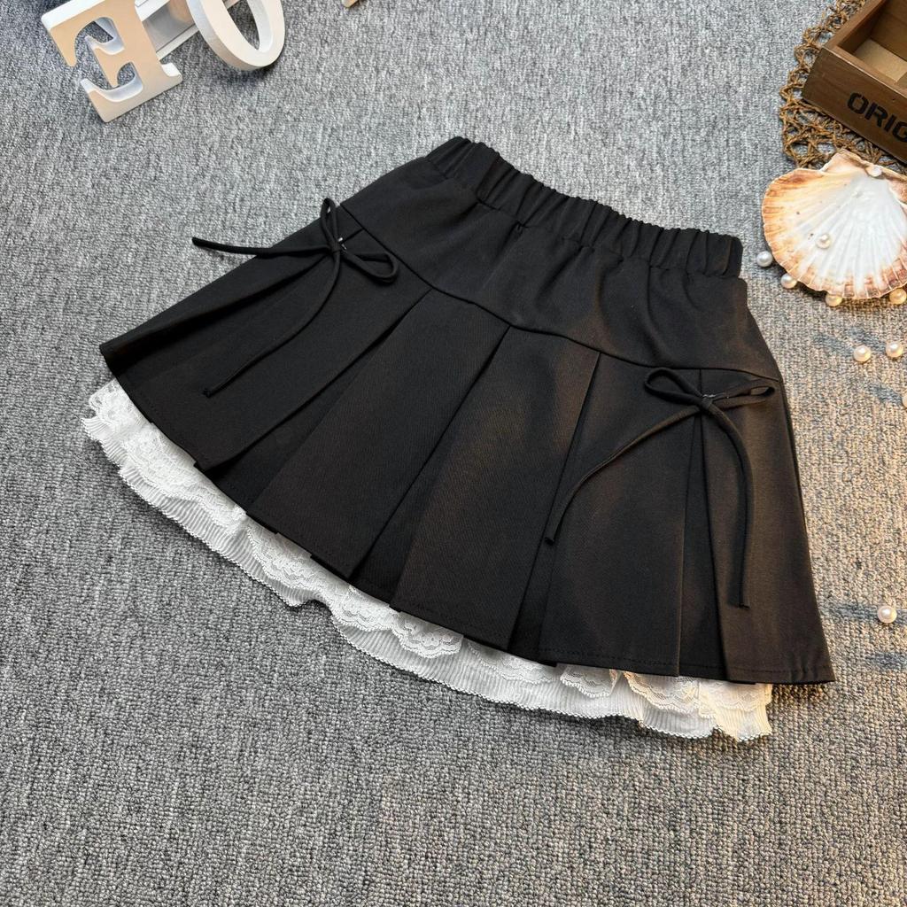 2025 Spring/Summer Girls' Korean Style Bow Lace Pleated Skirt Set