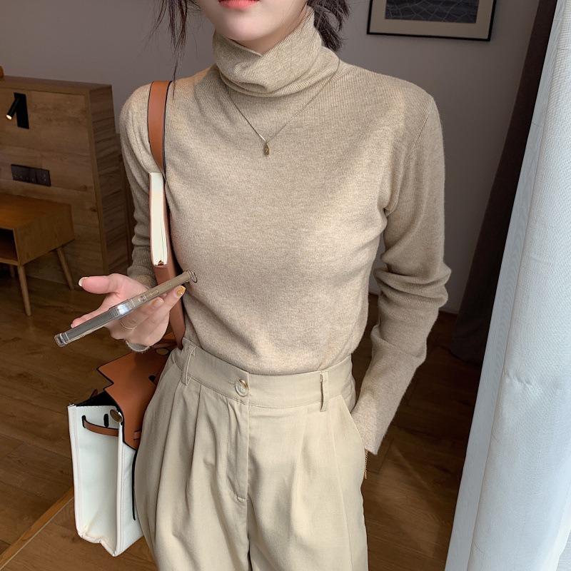 High-end solid-color knitted sweater for women's autumn and winter slim-fitting inner long-sleeved turtleneck stacked sweater bottoming top