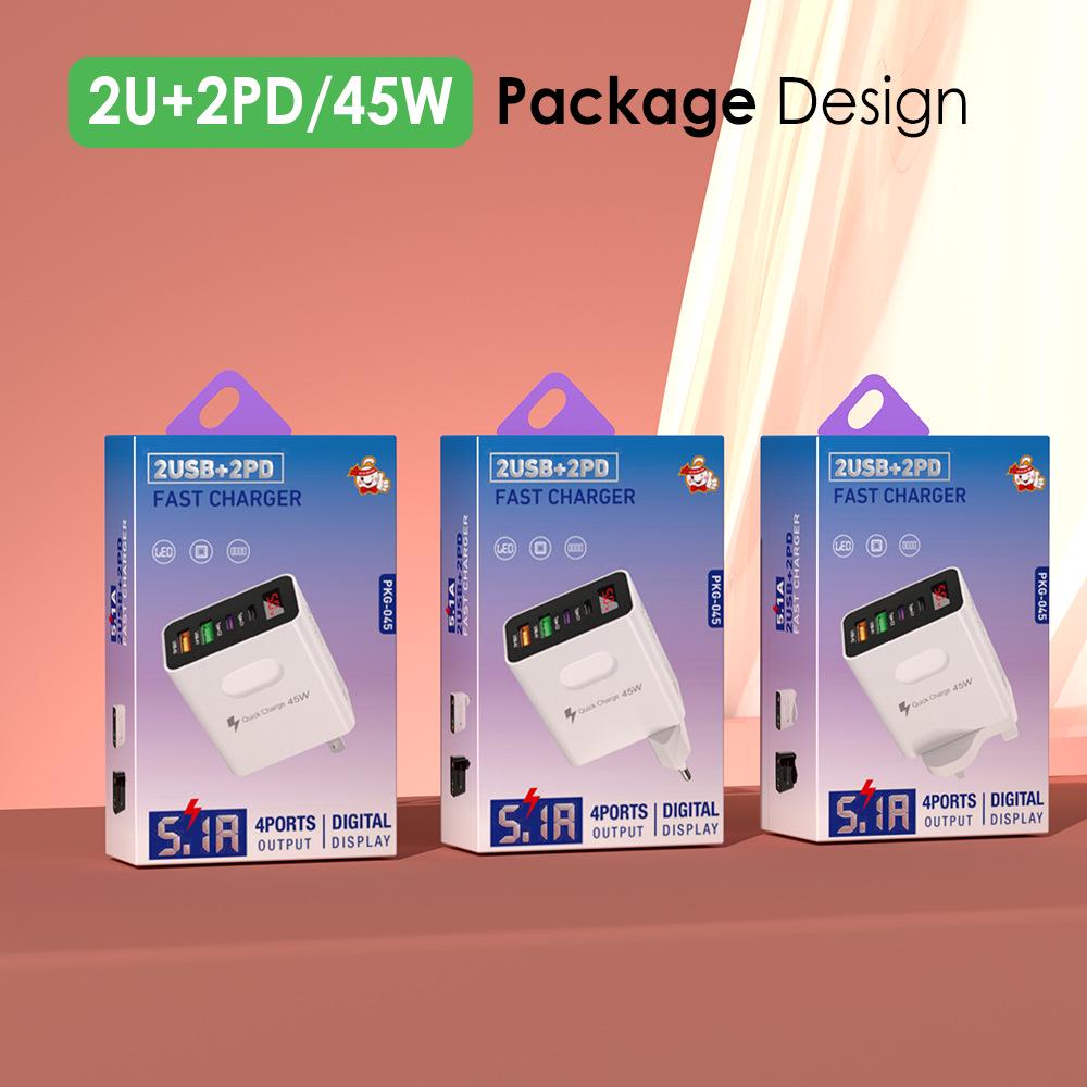 USB Multi-Port Charging Head with Digital Display, EU/UK Standard, 2PD+2U Ports, 3.1A Mobile Charger