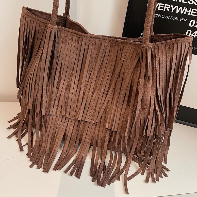 Bruine Suède Franje Tote Tas Dames Mode Schoudertas Met Gelaagde Kwastjes Boho Stijl Handtas Dagelijks Gebruik