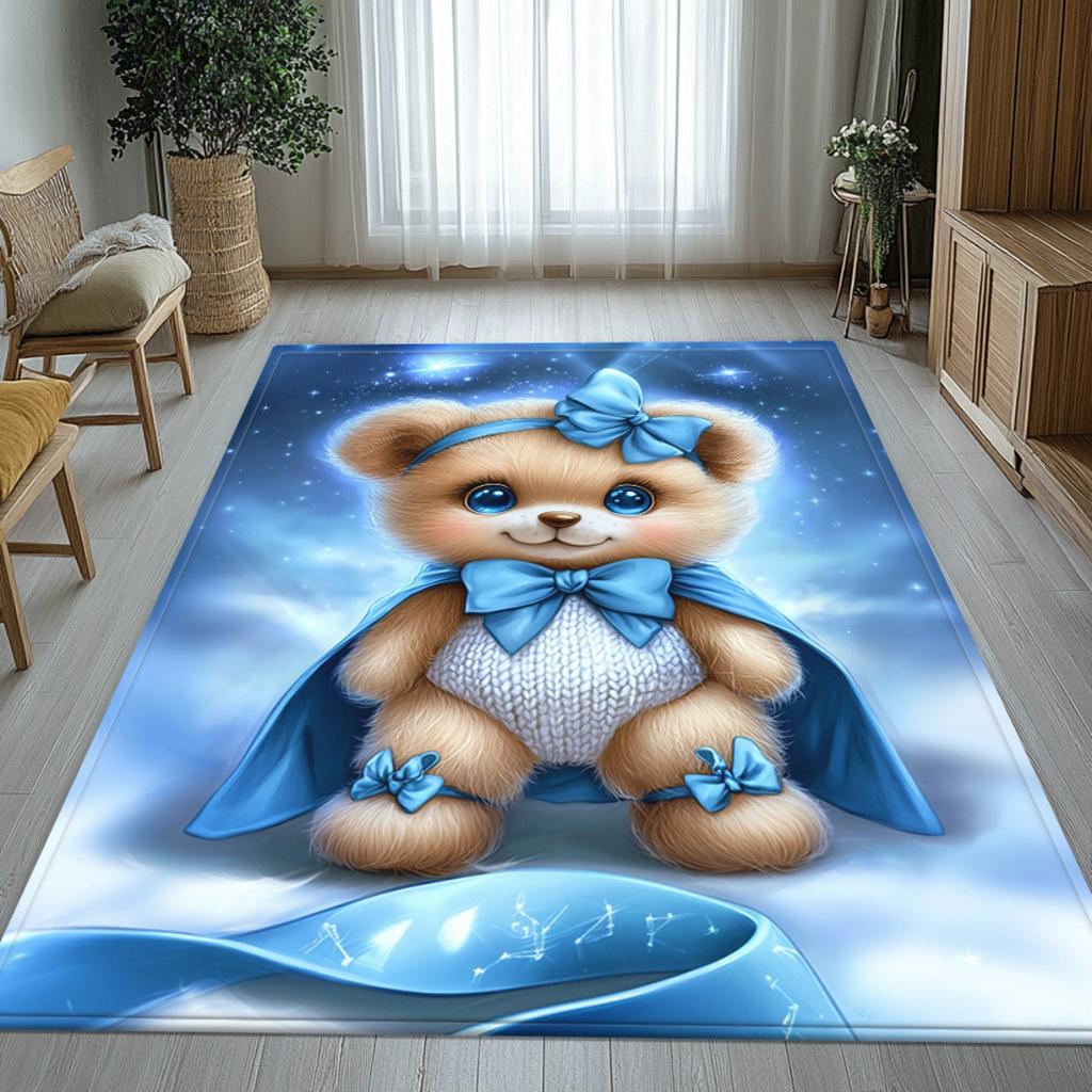 Cute blue bow bear cartoon rug for kids room nursery baby play mat soft non slip floor covering child safe area rug plushcrystal