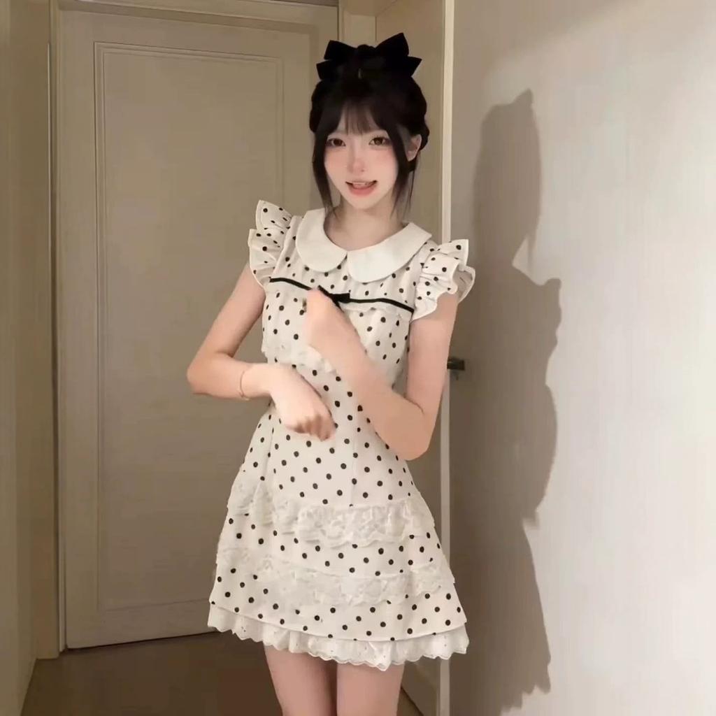 French Style Sweet Daughter Wind Polka Dot Dress Women's Summer Feeling Splicing Waist Thin Short Dress Dress Women's Clothing