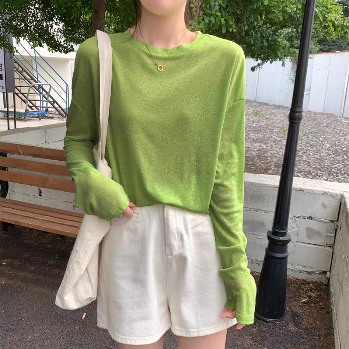 

Женская летняя футболка с длинным рукавом и круглым вырезом в корейском стиле - Мягкий, универсальный и легкий солнцезащитный топ 2025 S