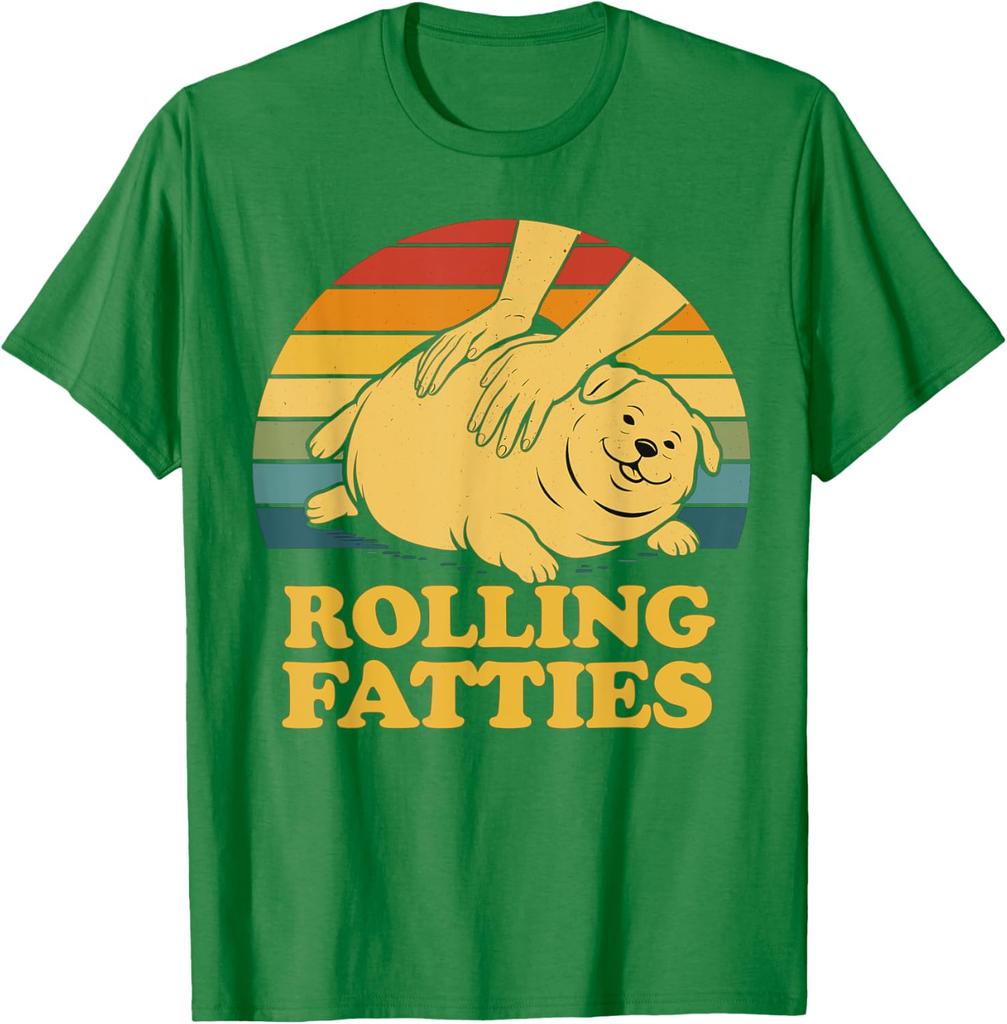 Rolling Fatties Funny Dog Graphic Tee Retro Sunset Print Soft Cotton Casual T-Shirt for Men Women