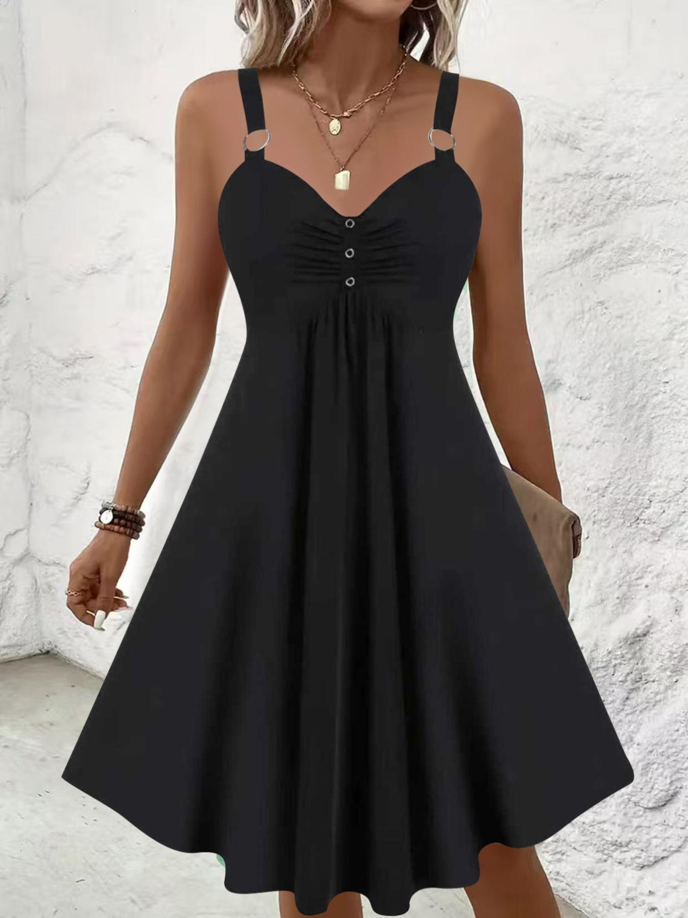 Foreign trade temu summer women s new V-neck suspender skirt, simple solid color large size women s suspender dress dress 0XL чёрный