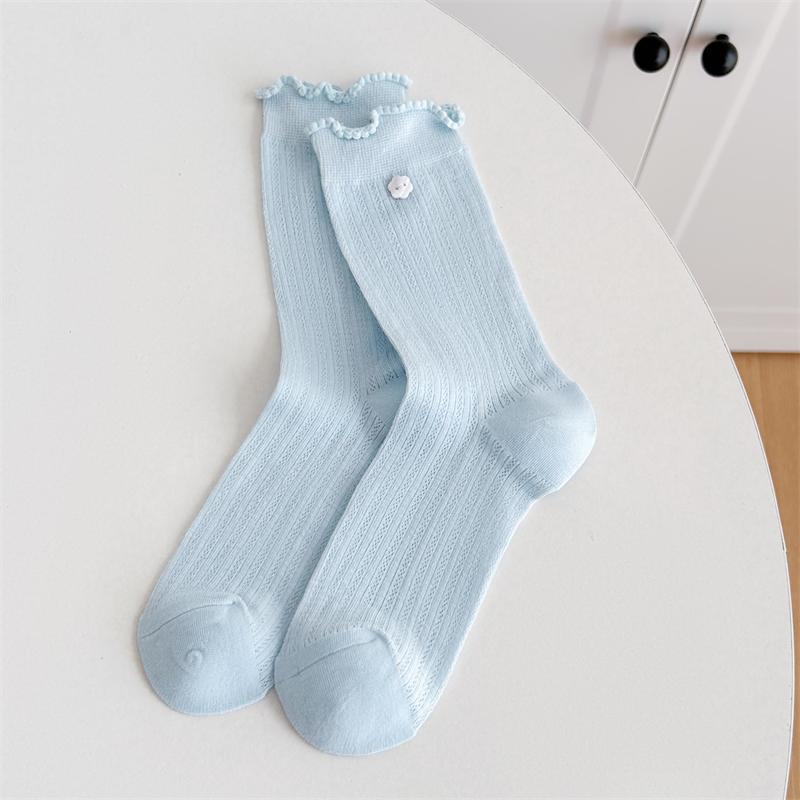 Women's Summer Thin Floral Button Cotton Mesh Breathable Medium Tube Stack Socks