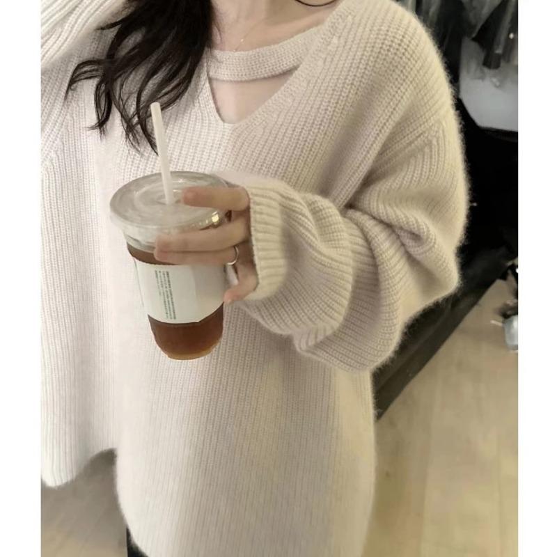 

Design sense solid color v-neck collarbone knitted sweater women s autumn and winter thickened loose pullover lazy wind sweater top women one size fits all
