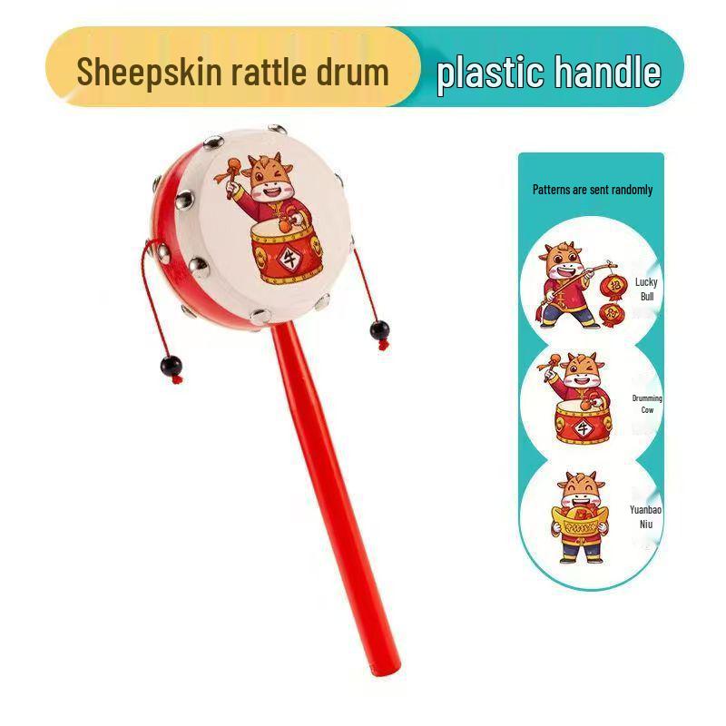 Lambskin Rattle: Wooden Baby Hand-Shaking Drum, Drop-Resistant, Chewable Musical Toy