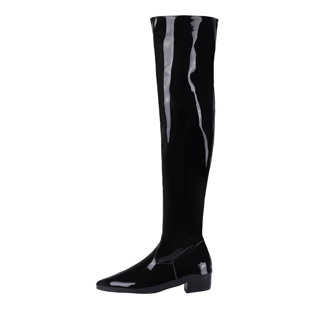 Women Candy Colour Over the Knee Boots Wide Calf Size 31~48 Chunky Low Heel Pointy Toe Patent Leather Comfortable Boot Zip Shoes
