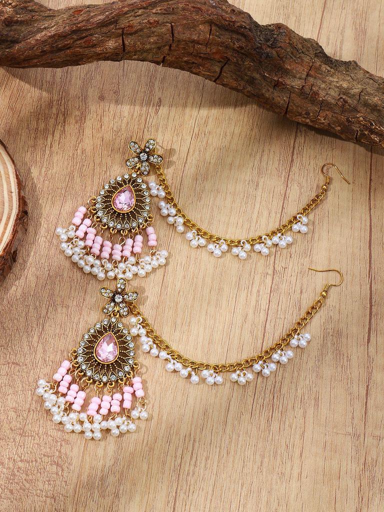 Bohemian Rhinestone Flower Tassel Earring & Hair Chain Set