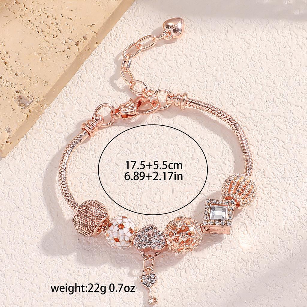 Women All Match Stainless Steel Crystal Love Lock Key Beads Bracelet