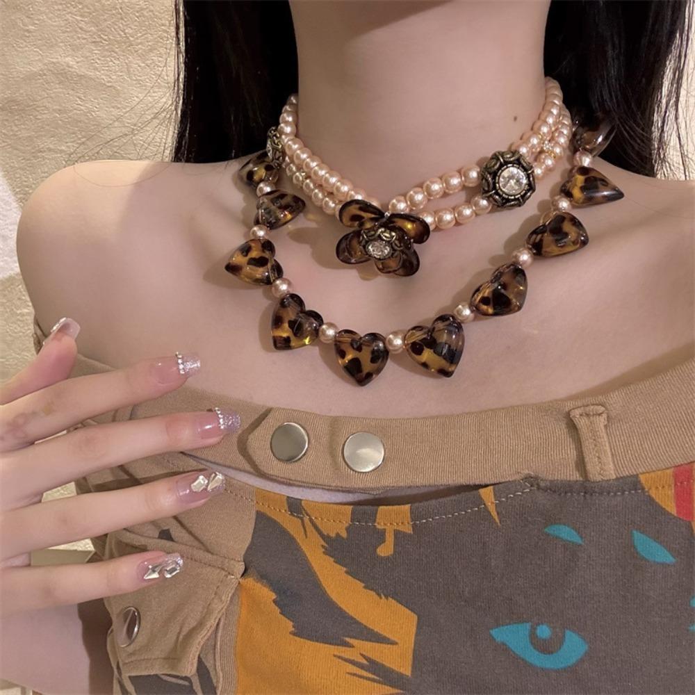 Leopard Flower Heart Necklace Rhinestone Clavicle Chain Fashion Pearl Beaded Choker  Women
