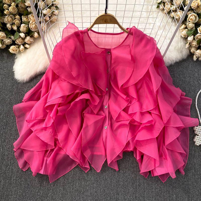 

Irregular Long Sleeve Loose Single-Breasted Casual Shirt Rose Red One size