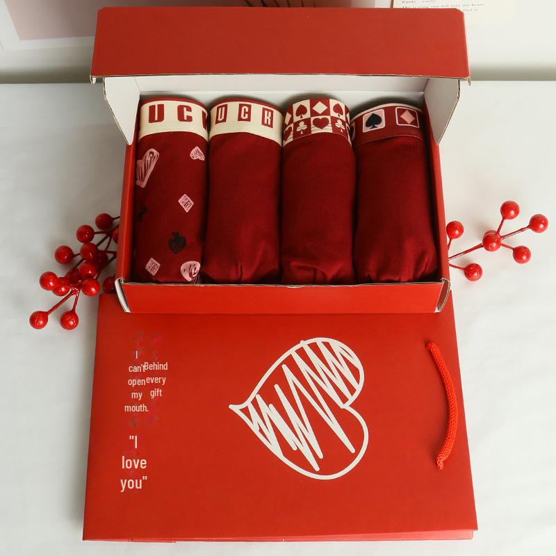 Red New Year Zodiac Boxer Shorts Gift Box - Pure Cotton Underwear for Family Celebrations and Weddings