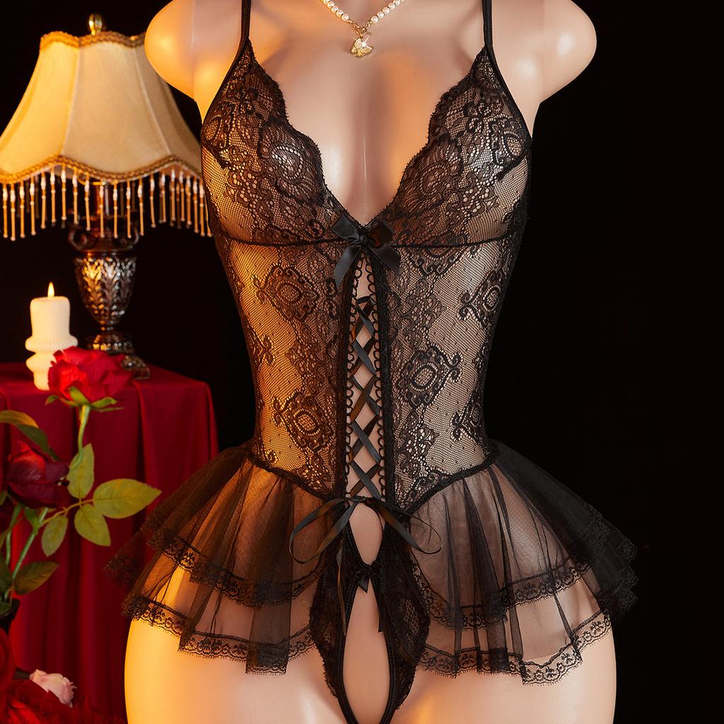 Ladies' Adult Perspective Printed Pattern Lace Sexy Slim Fit Beautiful White Unobstructed Suspender Backless Jumpsuit Clothing