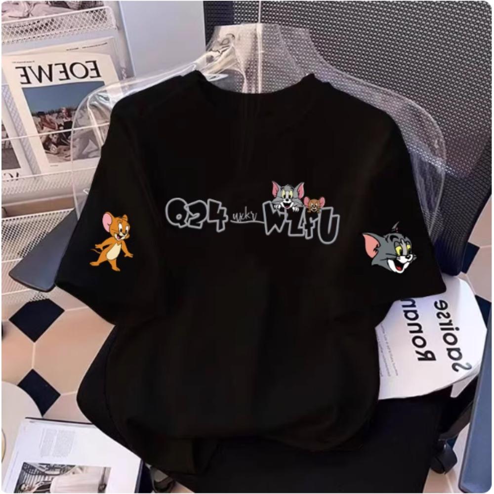 2026 Summer Comic Form Tom and Jerry Image 100% Cotton Printed Oversize Casual T-shirt Adult Children Parent-child Top Homewear.