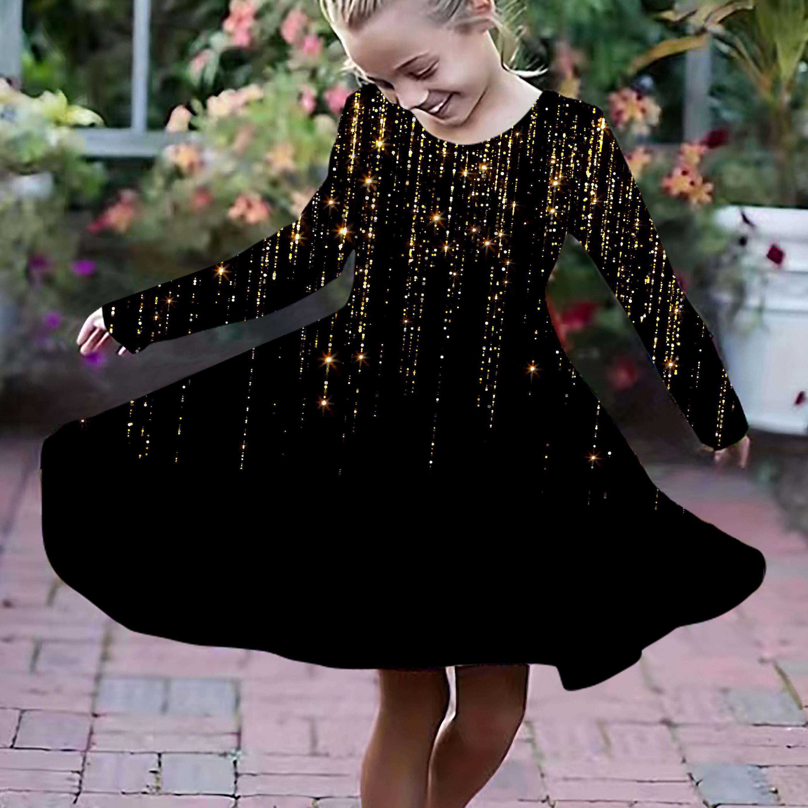 

Повседневное платье для девочек с желтым принтом снежинок и круглым вырезом, длинными рукавами, детское платье принцессы 180 чёрный