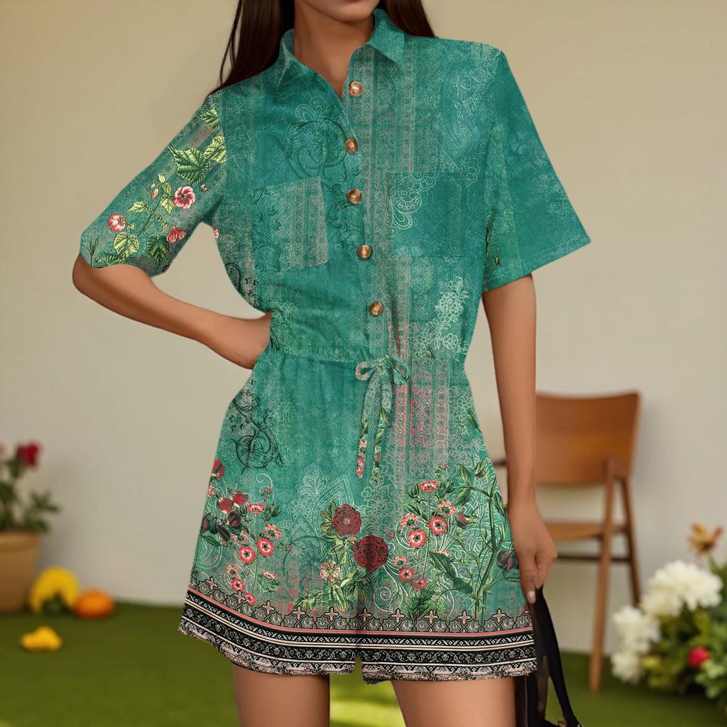 Damenmode V-Ausschnitt Jumpsuit Karomuster Lässig Kurzarm Top Jumpsuit