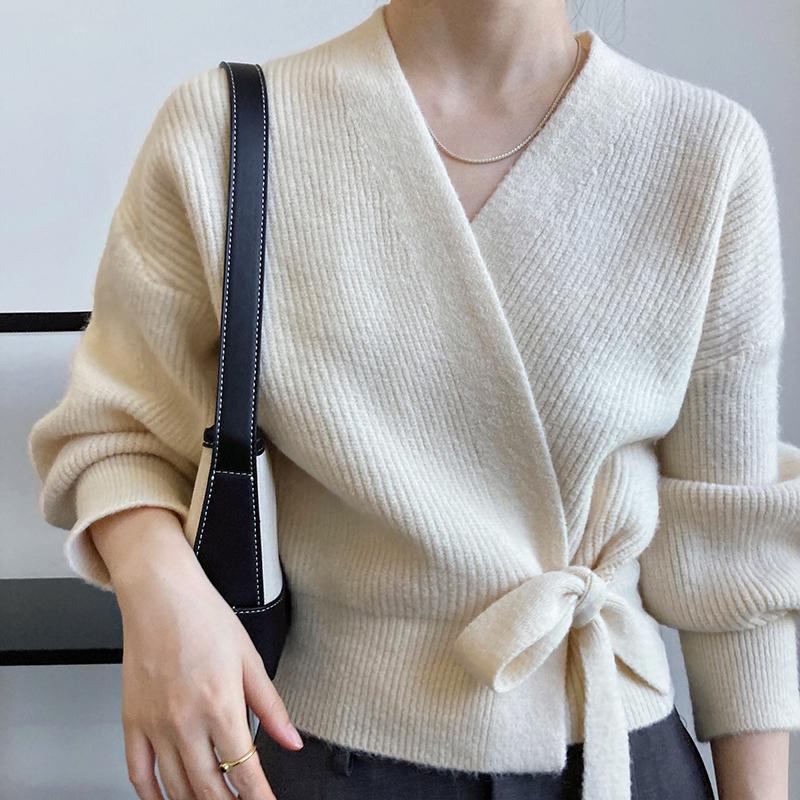 

Усовершенствованный свитер, трикотаж, женский вязаный кардиган, осень-зима, галстук с v-образным вырезом, милые короткие вязаные топы с длинными рукавами XL бежевый